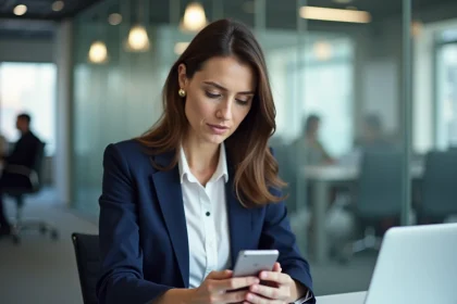 Femme professionnelle vérifiant un numéro de téléphone inconnu sur son smartphone avant de rappeler au bureau