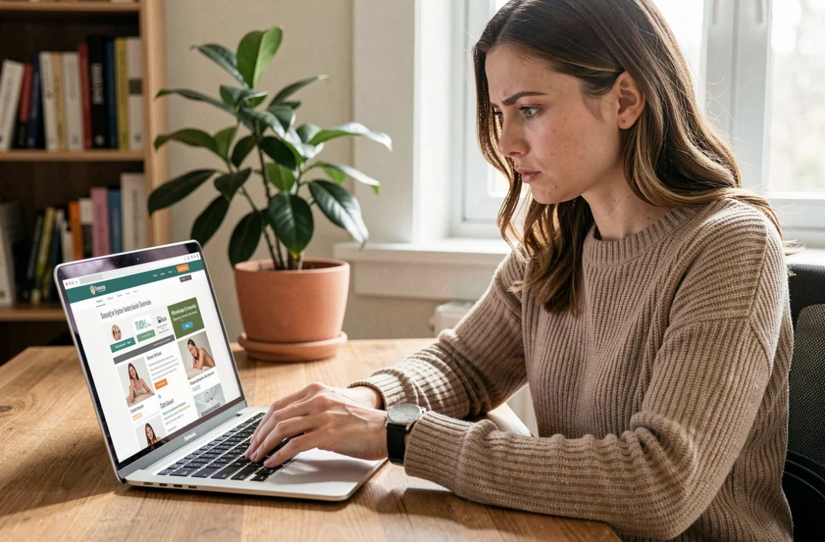 Femme vérifiant une petite annonce massage sur son ordinateur portable depuis son bureau à domicile