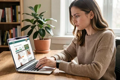 Femme vérifiant une petite annonce massage sur son ordinateur portable depuis son bureau à domicile