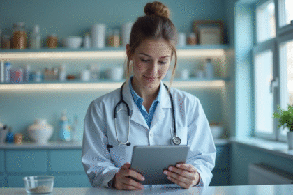 Vétérinaire dans une clinique moderne utilisant une tablette