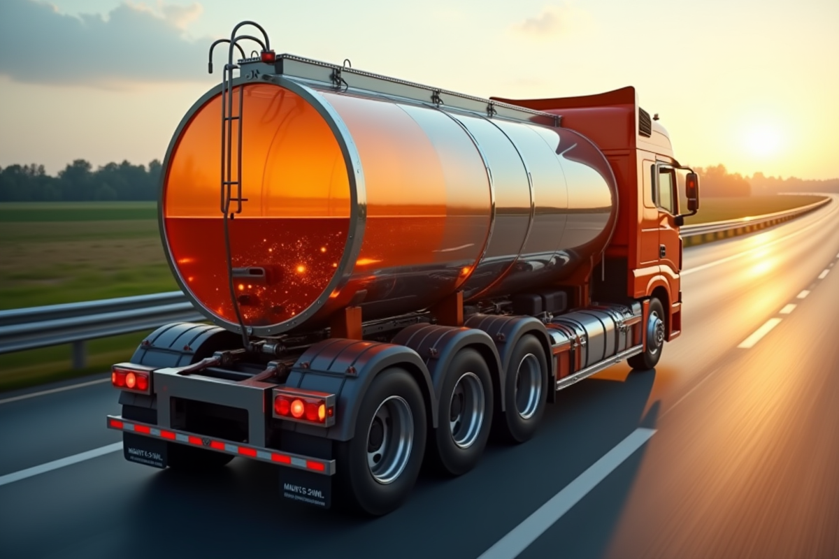 Vue de côté d un camion citerne en circulation sur l autoroute