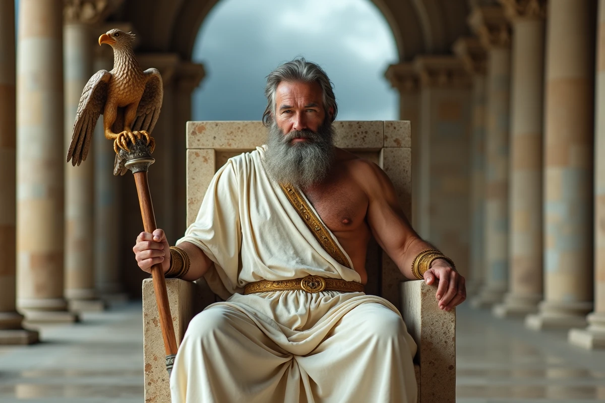 Homme majestueux en toge blanche et or assis sur un trône de marbre, incarnant Zeus roi des dieux grecs tenant un sceptre surmonté d'un aigle